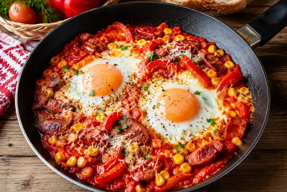 Tigaie caldă cu ouă, ardei și cabanos. Rețeta perfectă pentru zilele în care nu ai chef să stai prea mult în bucătărie