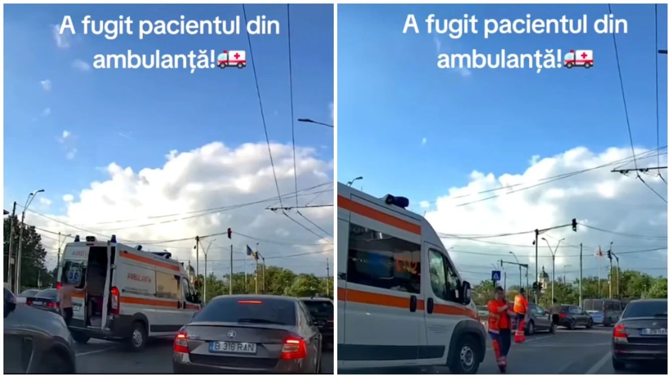 Scene neobișnuite în București: un pacient a coborât din ambulanță în mijlocul traficului și a fost imobilizat de jandarmi